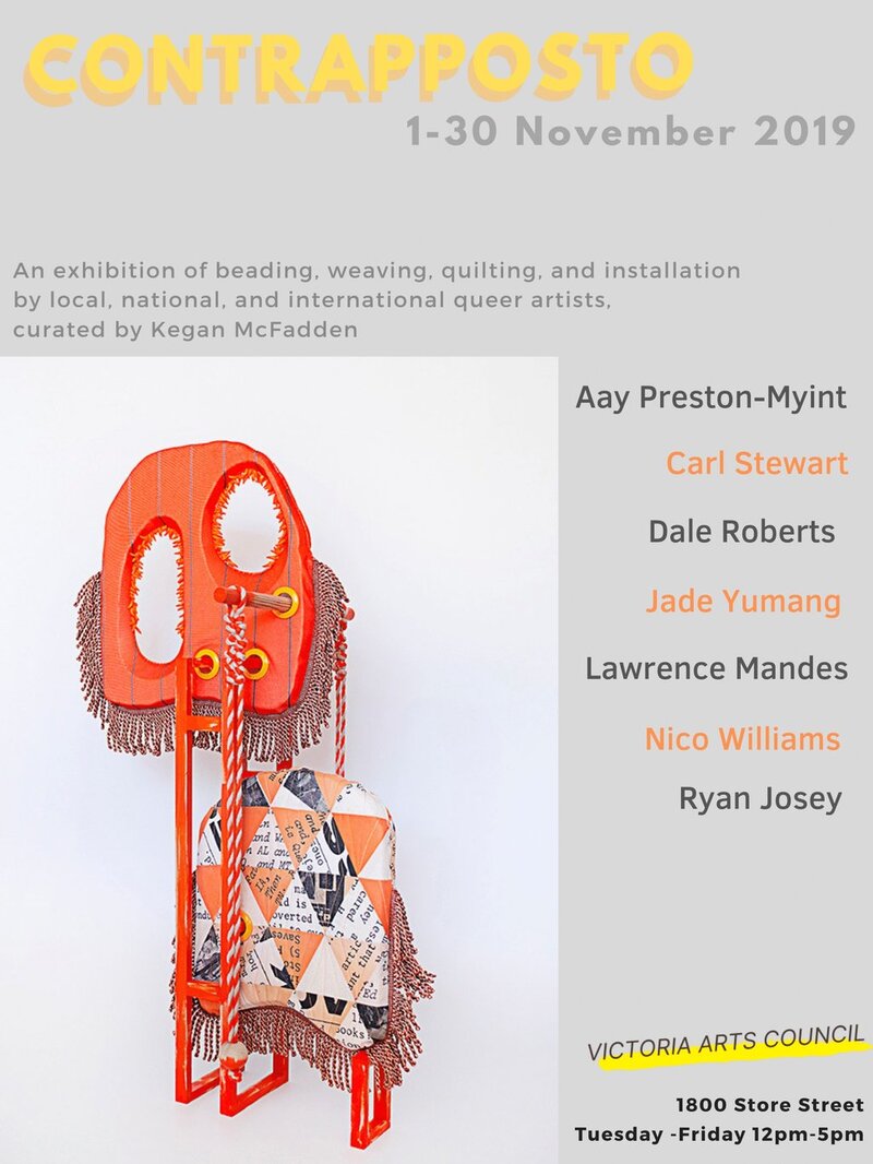 CONTRAPPOSTO: Dale Roberts, Aay Preston-Myint, Ryan Josey, Jade Yumang, Carl Stewart, Lawrence Mandes, Nico Williams, Kegan McFadden @ Victoria Arts Council Nov 1 2019 - Jun 15th @ Victoria Arts Council