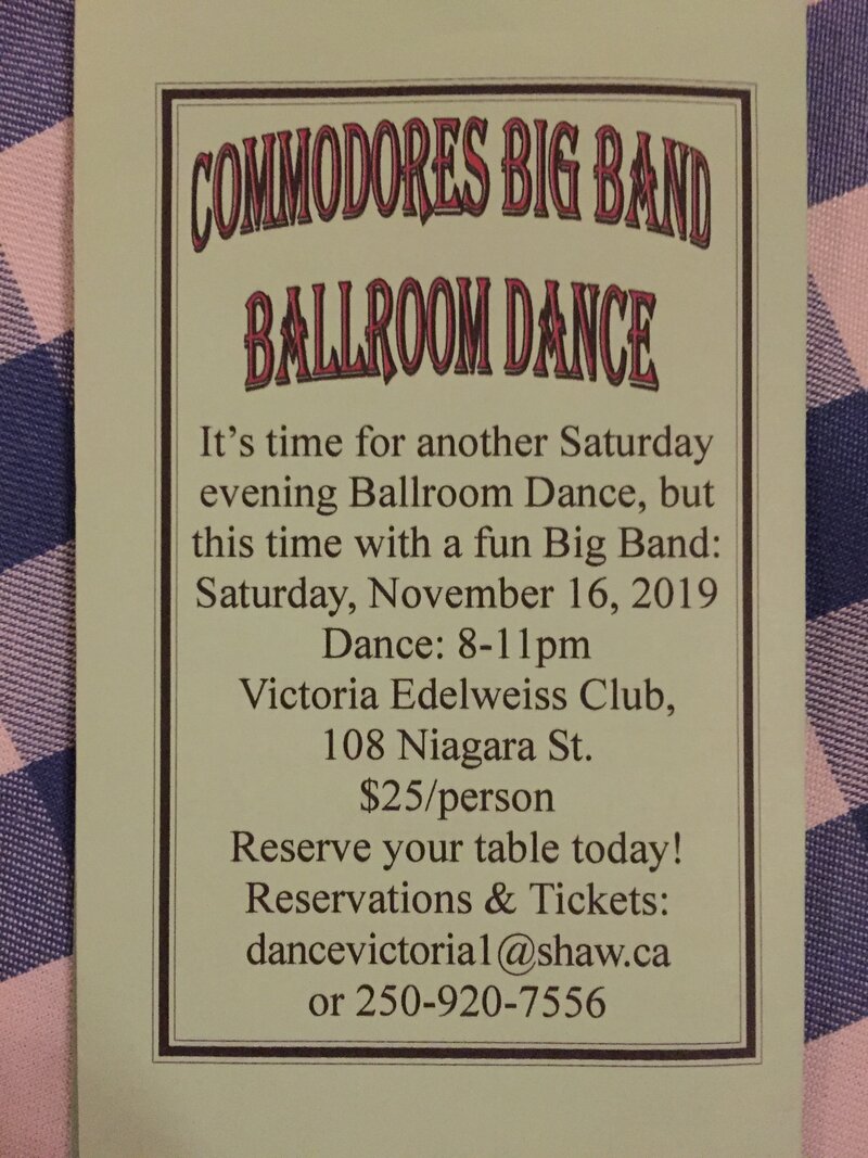 de Pfyffer's Fall Dance: Commodores Big Band, Kim Greenwood @ Victoria Edelweiss Club Nov 16 2019 - May 21st @ Victoria Edelweiss Club