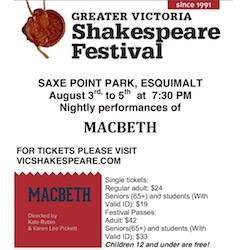 Macbeth, Bard across the Bridge: Greater Victoria Sharespeare Festival @ Saxe Point Park Aug 3 2017 - May 26th @ Saxe Point Park