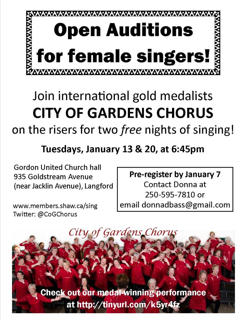 FEMALE SINGERS OF ALL AGES INVITED: City of Gardens Chorus @ Gordon United Church Hall Jan 13 2015 - May 6th @ Gordon United Church Hall