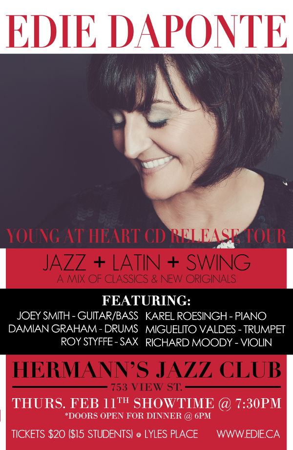 Edie Daponte Young at Heart CD Release: Edie DaPonte, Karel Roessingh, Joey Smith, Damian Graham, Richard Moody, Roy Styffe, Miguelito Valdes @ Hermann's Jazz Club Feb 11 2016 - May 6th @ Hermann's Jazz Club