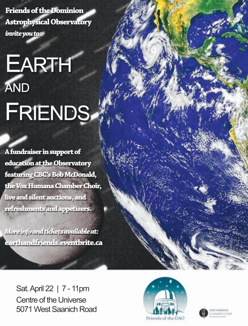 Earth and Friends: A Fundraiser For Science Outreach at the Observatory: Vox Humana Chamber Choir, Bob McDonald (of CBC Quirks & Quarks) @ Centre of the Universe  Apr 22 2017 - May 9th @ Centre of the Universe 