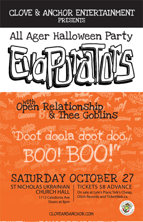 All Ages Halloween Show: The Evaporators, OPEN RELATIONSHIP, Thee Goblins @ Ukrainian Church Hall  Oct 27 2012 - May 6th @ Ukrainian Church Hall 