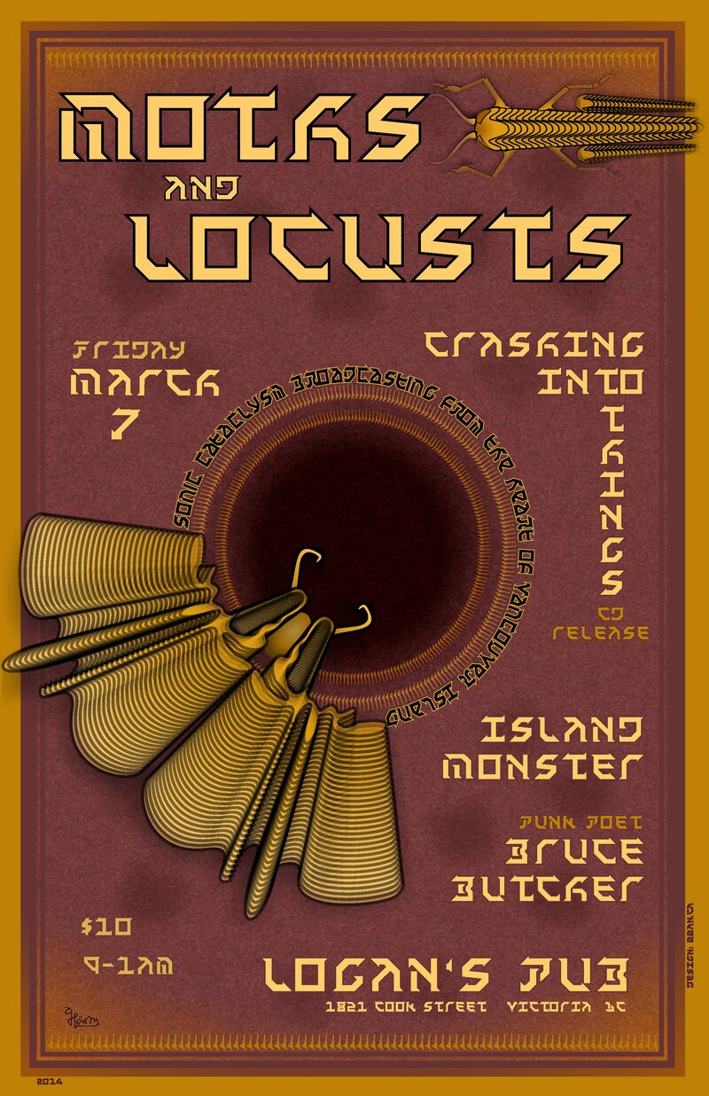 March 7 at Logan's: Moths and Locusts, Crashing Into Things, Island Monster, Bruce Butcher @ Logan's Pub Mar 7 2014 - May 6th @ Logan's Pub
