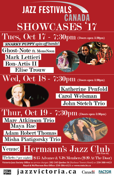 Jazz Festivals Canada Showcase: Marc Atkinson Trio, Maya Rae, Adam Robert Thomas, Misha Piatigorsky Trio @ Hermann's Jazz Club Oct 19 2017 - May 26th @ Hermann's Jazz Club