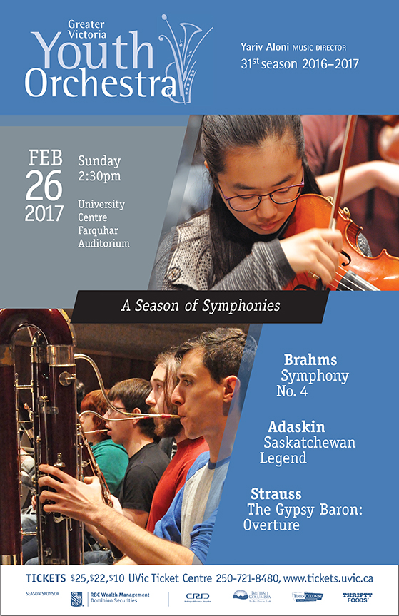 GVYO Presents Brahms Symphony No. 4: Greater Victoria Youth Orchestra , Yariv Aloni, Music Director @ The Farquhar at UVic Feb 26 2017 - May 6th @ The Farquhar at UVic