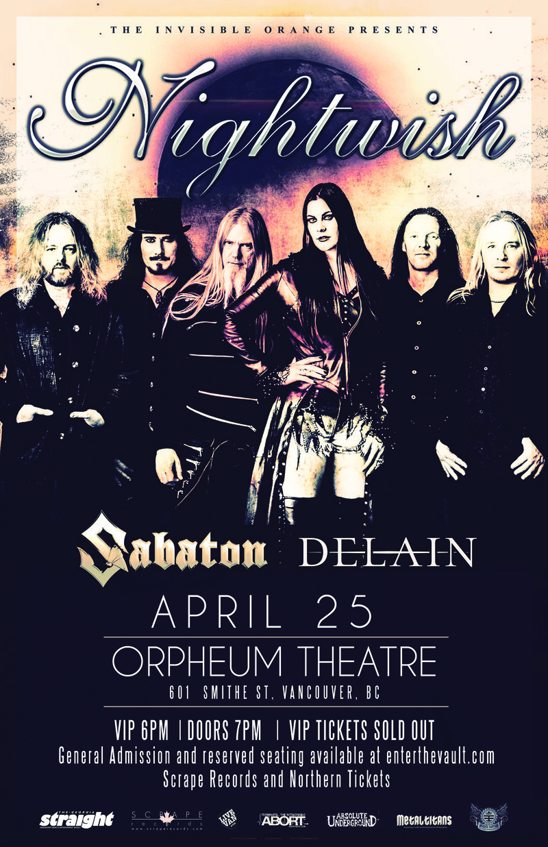 NIGHTWISH North America Tour 2015: Nightwish, Sabaton, Delain @ The Orpheum Apr 25 2015 - May 7th @ The Orpheum