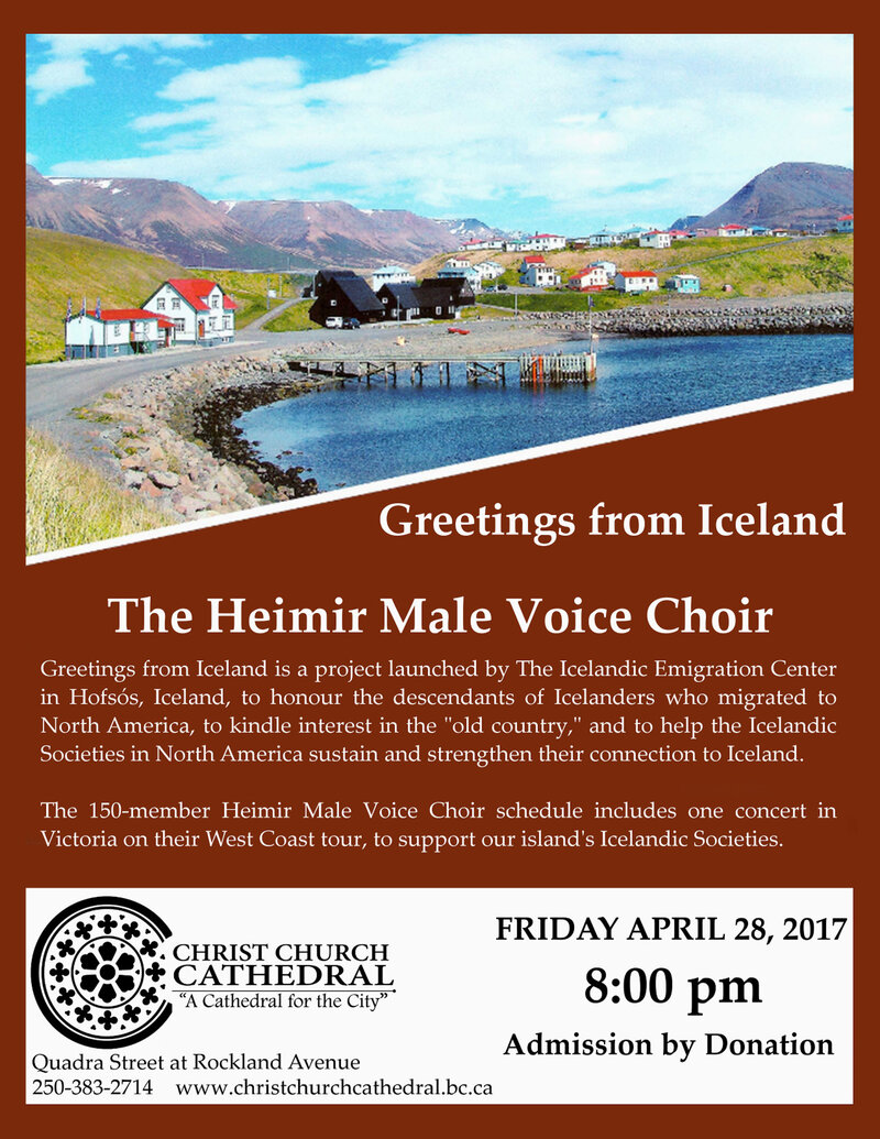Greetings from Iceland: The Heimir Male Voice Choir (from Iceland) @ Christ Church Cathedral  Apr 28 2017 - Jun 5th @ Christ Church Cathedral 