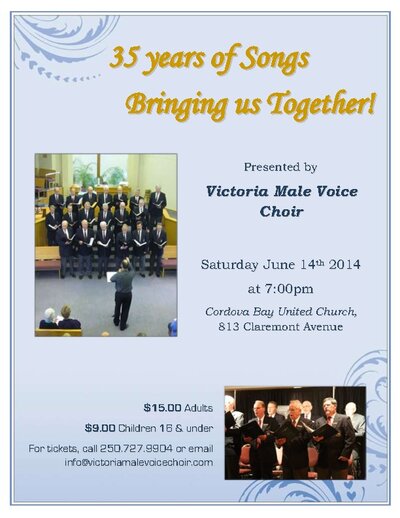 VICTORIA MALE VOICE CHOIR ANNIVERSARY CONCERT: Victoria Male Voice Choir @ Cordova Bay United Jun 14 2014 - May 16th @ Cordova Bay United