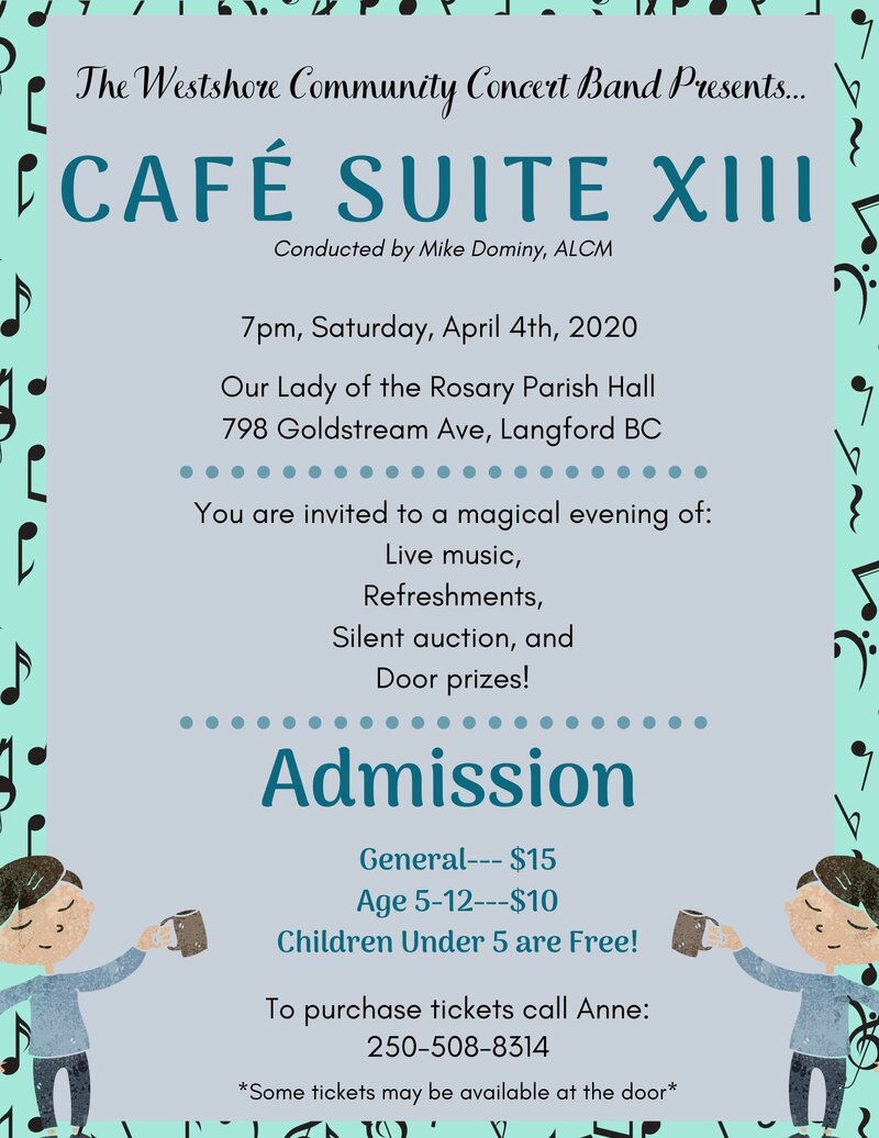Caf&eacute; Suite XIII: Westshore Community Concert Band @ Our Lady of the Rosary Parish Hall Apr 4 2020 - Jun 4th @ Our Lady of the Rosary Parish Hall