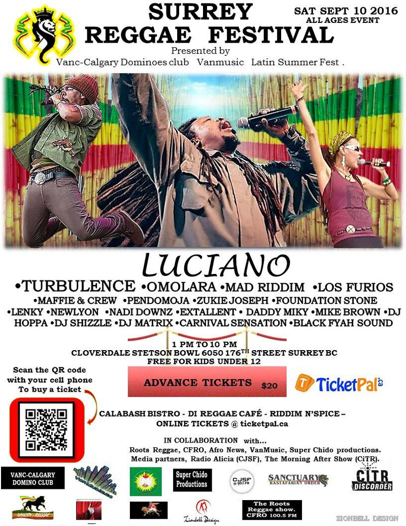 Surrey Reggae Festival, fet Luciano: Luciano, Turbulence, Foundation Stone, Los Furios, Foundation Stone, Pendomoja, Mad Riddim, & More @ Cloverdale Rec Centre - Sep 10, 2016