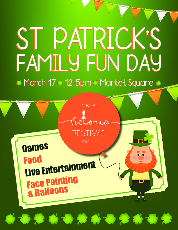 1st St Patrick's Day FREE Family Event: The O'Brien School of Irish Dance, Stages Dance, Daniel Lapp and the BC Fiddle Orchestra, Victoria Irish Dance, Kathie Laurie Highland Dance, Coastline, Yvonne Hernandez, Irish Dance Ceile Time @ Market Square Mar 17 2018 - May 6th @ Market Square