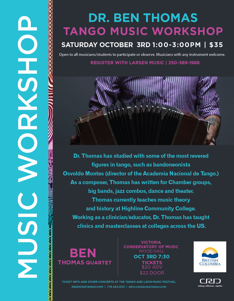 tango Music with Dr. Ben Thomas and Quartet: Ben Thmas Bandoneon, Eric Rynes Violin, Jeff Norwood Bass, Ben Verdier Piano @ Robin and Winifred Wood Recital Hall - Victoria Conservatory of  - Oct 03, 2015