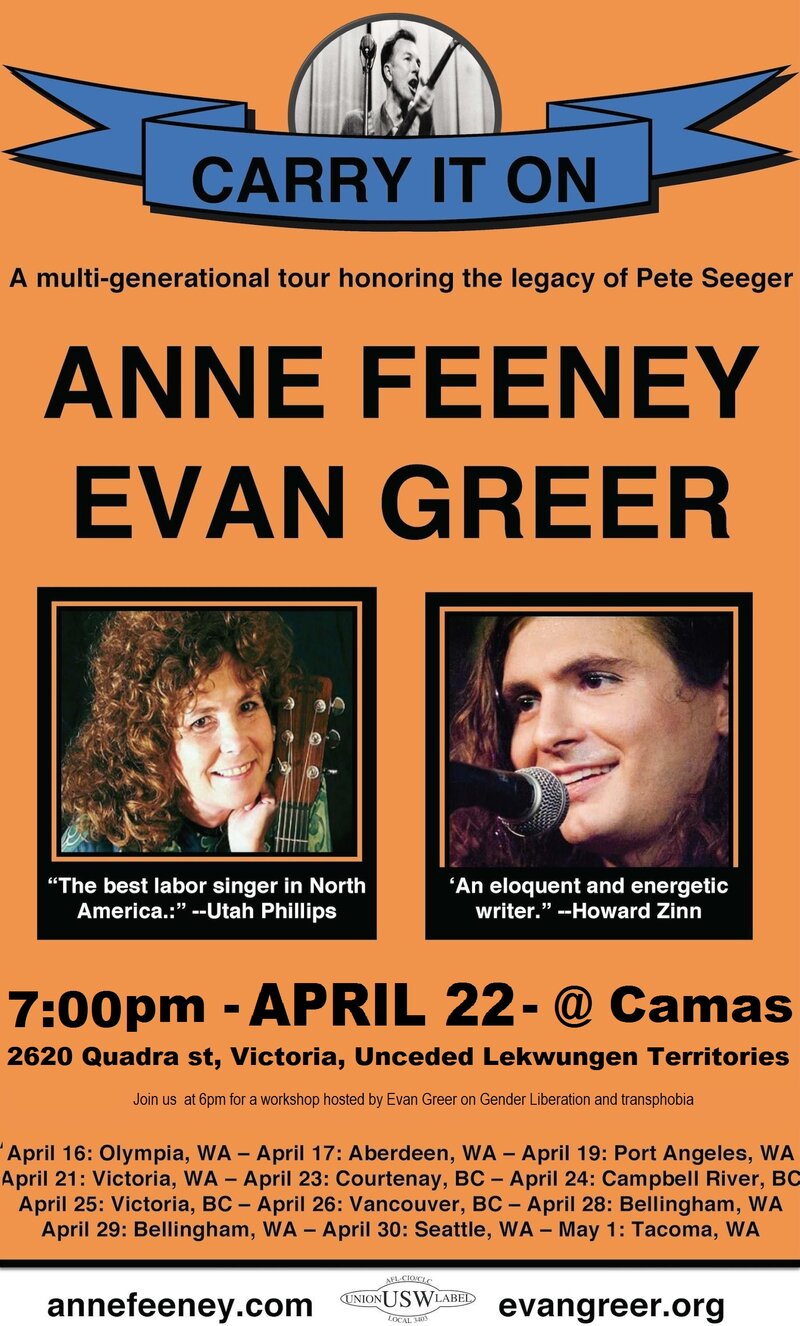 Anne Feeney & Evan Greer Tour to Honor the Legacy of Pete Seeger: Anne Feeney, Evan Greer, Without A Net, Morgan Purvis @ Camas Book and Infoshop - Apr 21, 2014