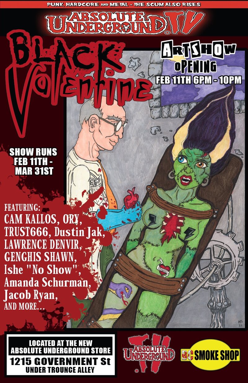 Black Valentine Art Show Opening Party: Genghis Shawn, Jacob Ryan, Dustin Jak, Trust666, Ory, Cam Kallos, Lawrence Denvir, Ishe  @ Absolute Underground Store Feb 11 2011 - May 7th @ Absolute Underground Store