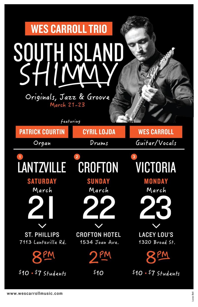 Wes Carroll Trio: South Island Shimmy: Wes Carroll, Patrick Courtin, Cyril Lojda @ Lacey-Lou Tapas Lounge Mar 23 2015 - May 6th @ Lacey-Lou Tapas Lounge