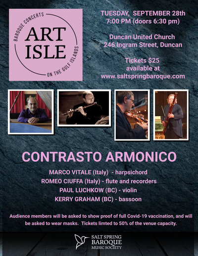 Contrasto Armonico Baroque Music Concert: Marco Viitale  (Harpsichord), Romeo Ciuffa  (Flutes & Recorders), Paul Luchkow (Violin), Kerry Graham  (Bassoon) @ Duncan United Church - Sep 28, 2021