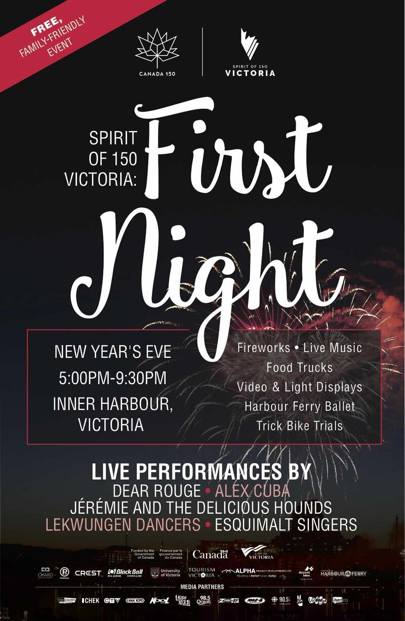 Spirit of 150 Victoria: First Night: Dear Rouge, Alex Cuba, J&eacute;r&eacute;mie & The Delicious Hounds, Lekwungen Dancers, And More @ Victoria's Downtown Inner Harbour Dec 31 2016 - May 6th @ Victoria's Downtown Inner Harbour