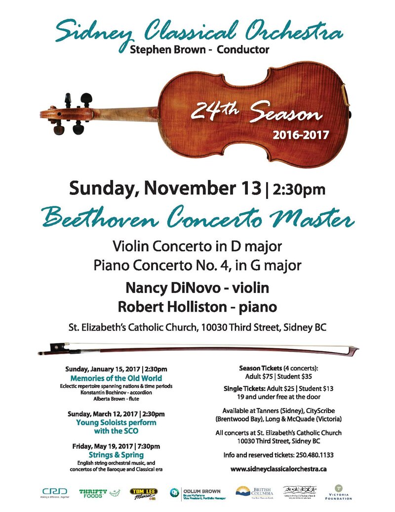 Beethoven the Concerto Master: Sidney Classical Orchestra, Nancy DiNovo, Stephen Brown, Joyce Ellwood, Robert Holliston, Alex Olsen , Misako Sotozaki, Lanny Pollet, Barry Leung, Misako Hockey , Kathryn Wiebe , Ann Marie Power , Daphne Van der Sloot , Shima Takeda, Allyn Chard , Christine Prince , Maki Yamagata , Laura Backstrom, Nancy van Oort , Dan Moses , Michael Oswald @ St Elizabeth's Catholic Church Nov 13 2016 - May 6th @ St Elizabeth's Catholic Church