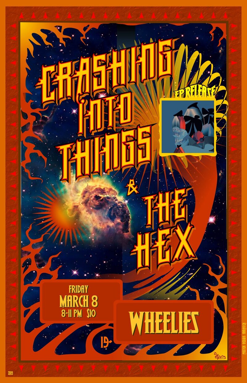 EP Release Party!: Crashing Into Things, The Hex @ Wheelies Motorcyles Mar 8 2019 - May 7th @ Wheelies Motorcyles