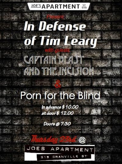 Indie Concert Series: In Defense of Tim Leary, Captain Blast and the Incision, Porn for the blind @ Joe's Apartment May 23 2013 - May 20th @ Joe's Apartment