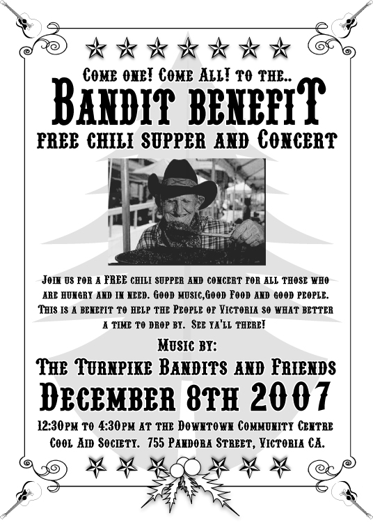 BANDIT BENEFIT CHILI SUPPER: The Turnpike Bandits, Clover Point Drifters, Aint' Dead Yet, Brayden @ The Cool Aid Downtown Activity Center 755 Pandora St - Dec 08, 2007