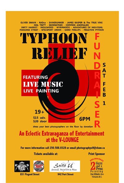 Typhoon Relief Fundraiser: Oliver Swain, Shinerunner, James Kasper, & The True Vine, Neil Trett, Common Anomalies, Dirty Harriet, Wyrmwood, Inglewood, Paradise Street, Adventures of Nightgirl, Gord Phillips, Spaceport Union, Megaton Python, Sexweather @ V-lounge Feb 1 2014 - May 8th @ V-lounge
