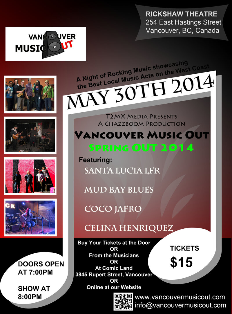 Vancouver Music Out - Spring 2014 Music Show: Santa Lucia LFR, Mud Bay Blues Band, Coco Jafro, Celina Henriquez @ Rickshaw Theatre May 30 2014 - May 7th @ Rickshaw Theatre