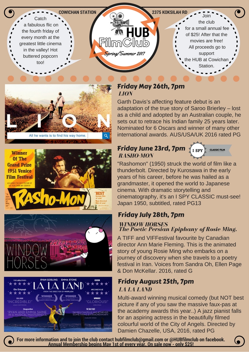 HUB Film Club @ The HUB at Cowichan Station May 26 2017 - May 6th @ The HUB at Cowichan Station