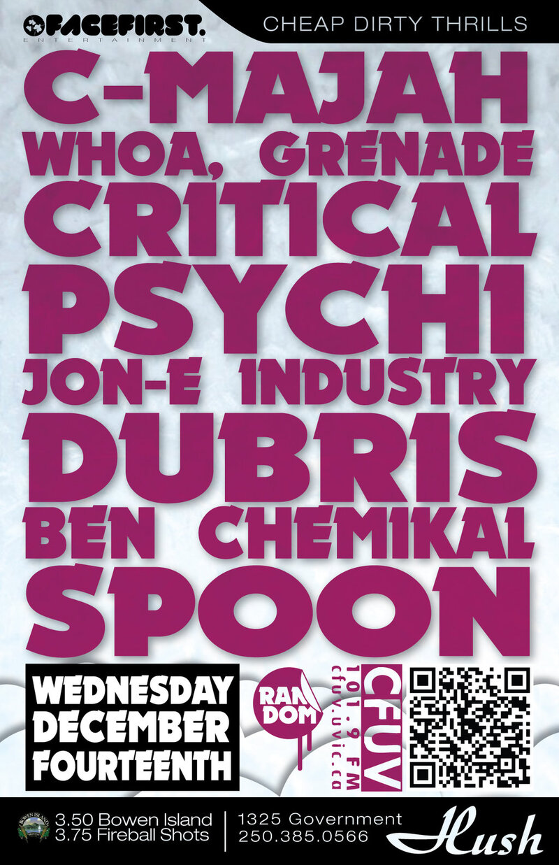 CHEAP DIRTY THRILLS!: C-Majah, Critical, Psychi, Jon-E INdustry, Dubris, Spoon, Ben Chemikal, Whoah, Grenade! @ Hush Dec 14 2011 - Jun 6th @ Hush