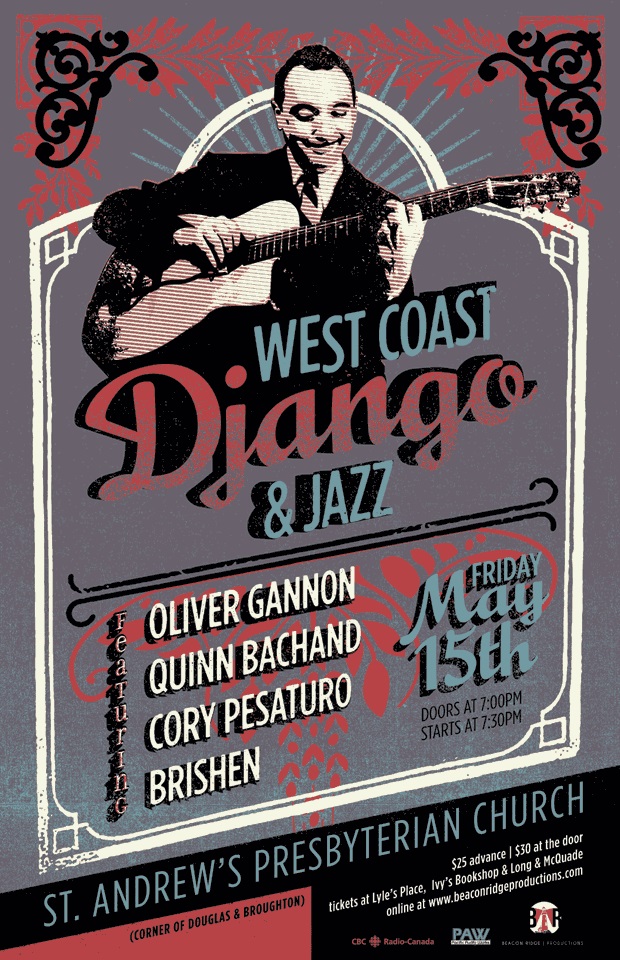 3rd Annual West Coast Django & Jazz: Oliver Gannon, Cory Pesaturo, Quinn Bachand, Quinn Bachand's Brishen @ St. Andrews Presbyterian Church May 15 2015 - May 6th @ St. Andrews Presbyterian Church