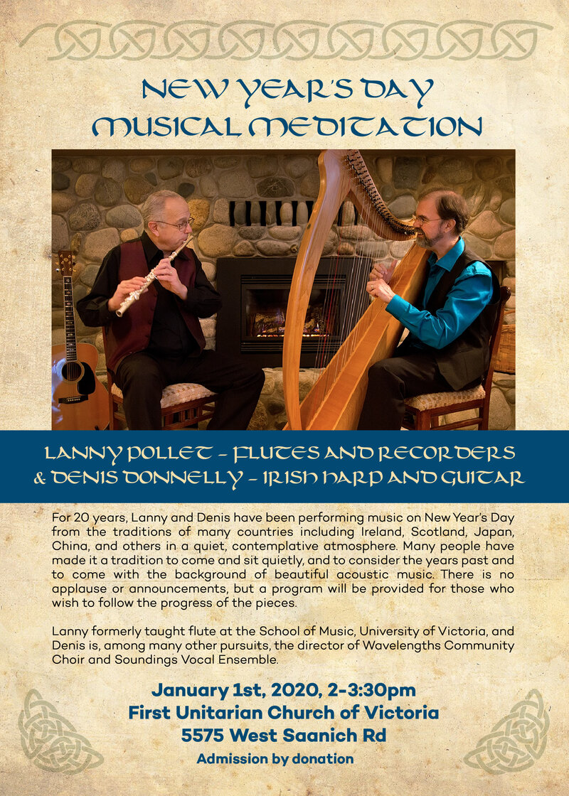 New Year's Day Musical Meditation: Lanny Pollet (flutes, recorders), Denis Donnelly  (Irish harp, guitar) @ First Unitarian Church of Victoria Jan 1 2020 - May 1st @ First Unitarian Church of Victoria