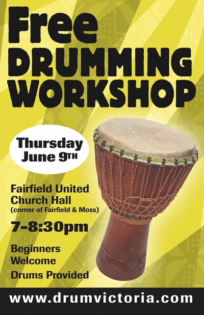 FREE Drumming workshop @ Fairfield United Church Jun 9 2016 - May 17th @ Fairfield United Church