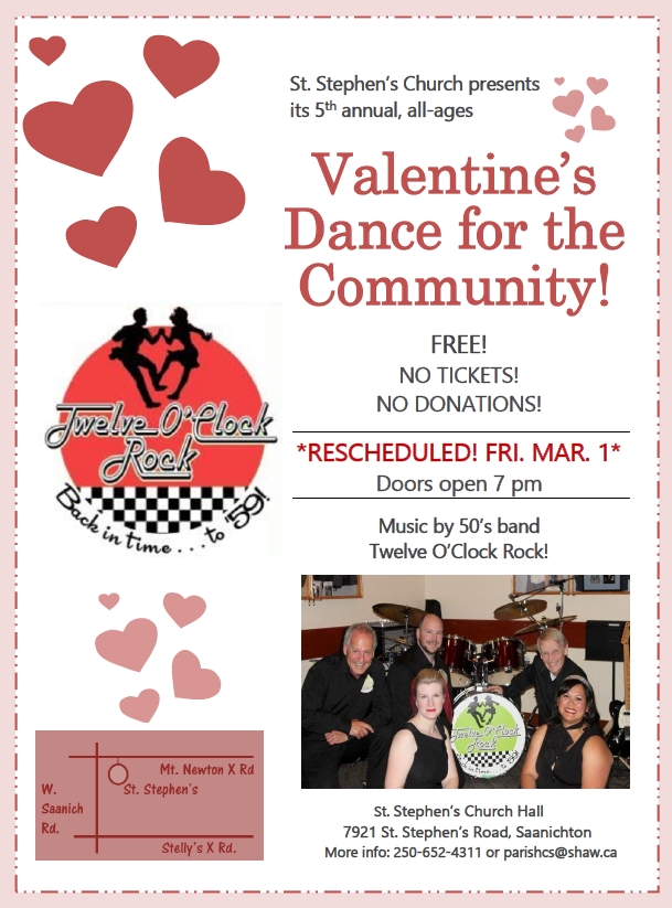 Valentine's Dance for the Community: Twelve O' Clock Rock @ St. Stephen's Hall Mar 1 2019 - Jun 4th @ St. Stephen's Hall