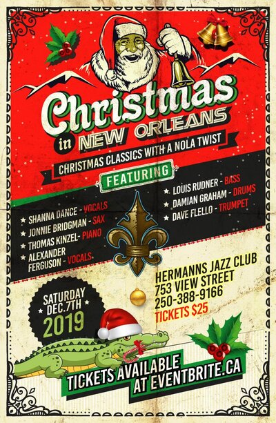 New Orleans Christmas Show (Eventbrite) f.: Shanna Dance, Jonnie Bridgman @ Hermann's Jazz Club Dec 7 2019 - May 9th @ Hermann's Jazz Club