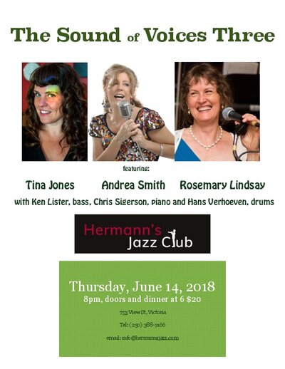 The Sound of Voices Three: Tina Jones , Ken Lister (BASS), Chris Sigerson (Piano), Hans Verhoeven (drums), Andrea Smith, Rosemary Lindsay @ Hermann's Jazz Club Jun 14 2018 - May 8th @ Hermann's Jazz Club