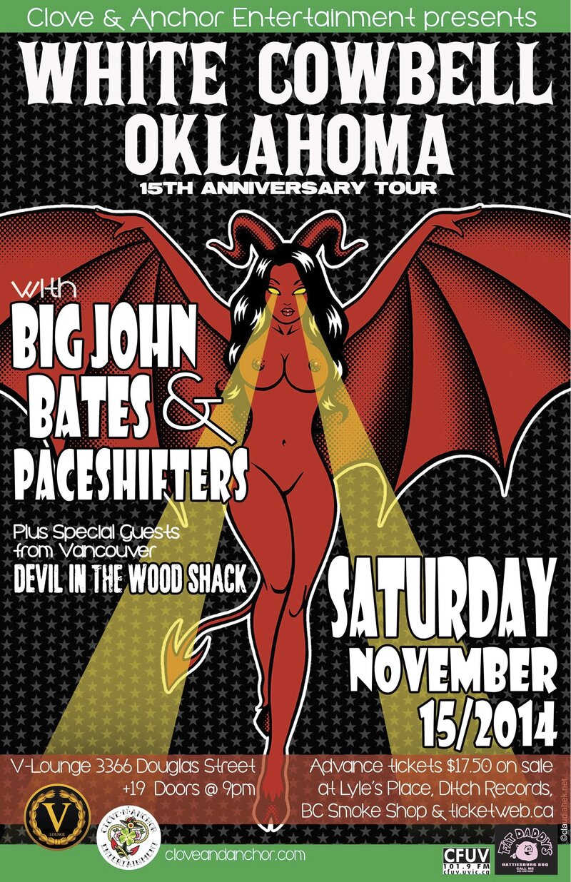 White Cowbell Oklahoma 15th Anniversary Tour: White Cowbell Oklahoma, Big John Bates, The Paceshifters, Devil in the Woodshack @ V-lounge Nov 15 2014 - May 6th @ V-lounge