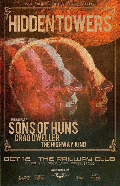 Hidden Towers, Sons Of Huns, Crag Sweller, The Highway Kind  @ Railway Club Oct 12 2013 - May 13th @ Railway Club