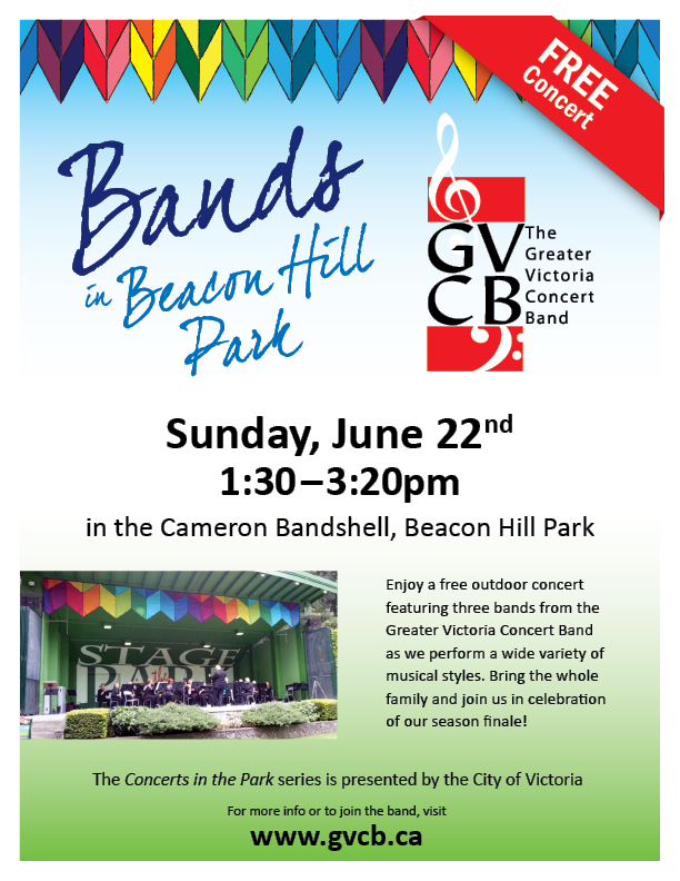 Bands in Beacon Hill Park: Greater Victoria Concert Band (ft), Junior Band, Intermediate Band, Senior Band @ Stage in the Park (Cameron Bandshell) Jun 22 2014 - May 7th @ Stage in the Park (Cameron Bandshell)