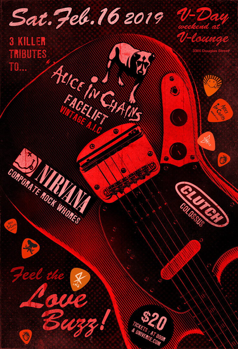 Alice in Chains, Nirvana & Clutch Tribute Show: Facelift, Corporate Rock Whores, Colossus  @ V-lounge Feb 16 2019 - May 5th @ V-lounge
