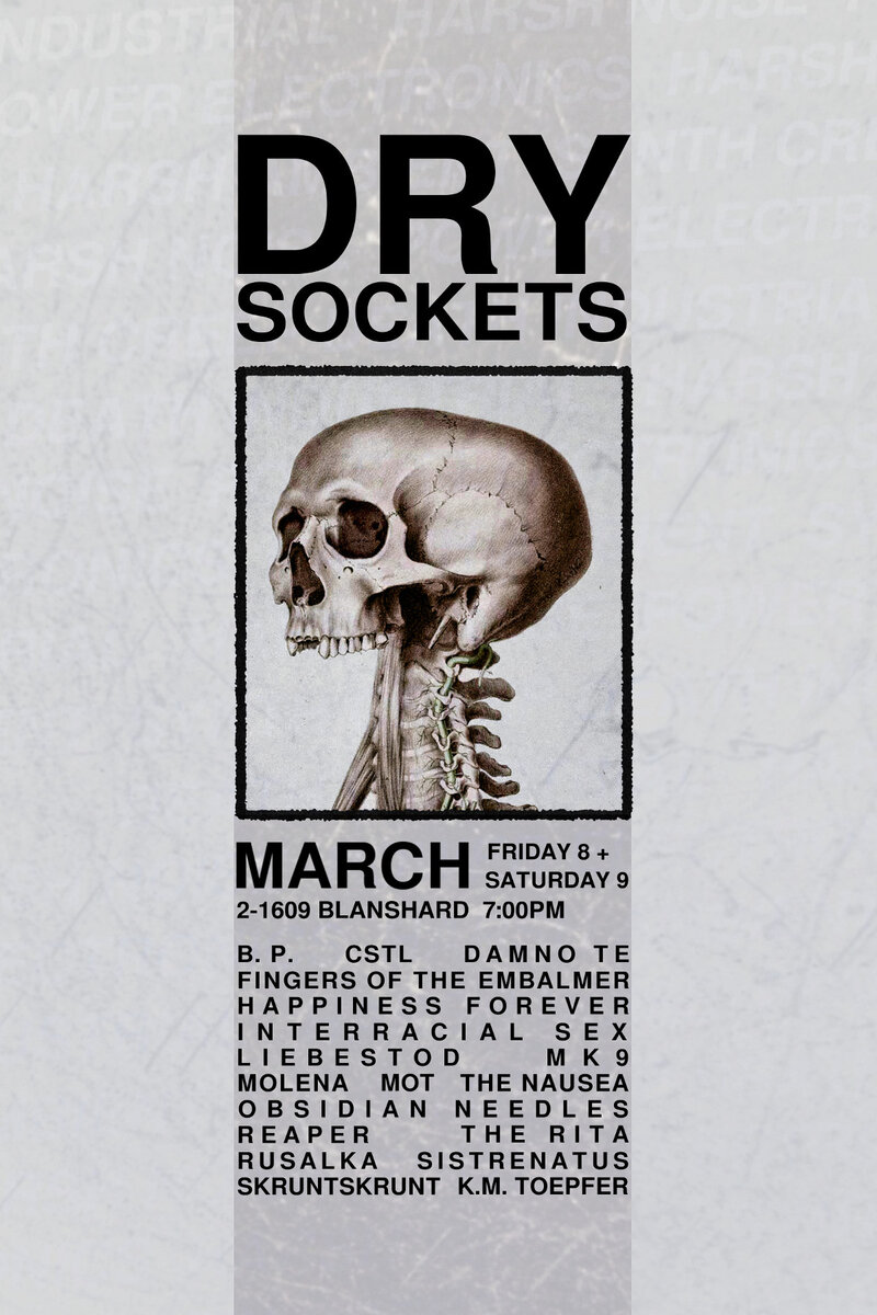 Dry Sockets: The Rita, MK9, Rusalka, Interracial Sex, Liebestod, Obsidian Needles, B. P., MOLENA, THE NAUSEA  , Fingers Of The Embalmer, Reaper, Mot, CSTL, Sistrenatus, Skrunt Skrunt, K. M. Toepfer, Happiness Forever, Damno Te @ Intrepid Theatre Club Mar 8 2019 - May 6th @ Intrepid Theatre Club