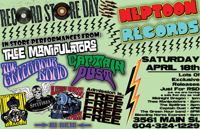 Free show for "International Record Store Day"!: Thee Manipulators, The Green Hour, Captain Dust, Midnight Dragon, Bleeding Horse Express, The Spitfires, 100monkeys @ Neptoon Records Apr 18 2009 - May 9th @ Neptoon Records