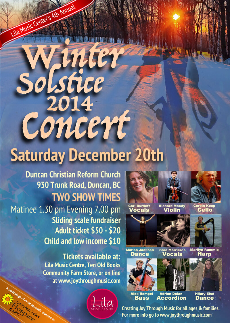 4th Annual Winter Solstice Concert: Cari Burdett, Richard Moody, Adrian Dolan, Corbin Keep, Alex Remple, Sara Marreiros, Marisa Jackson, Hilary Fooelse, Marilyn Rummel @ Duncan Christian Reformed Church Dec 20 2014 - May 7th @ Duncan Christian Reformed Church