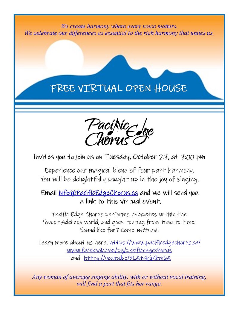 Virtual Open House: PACIFIC EDGE CHORUS (Hosts) @ Online via Zoom Oct 27 2020 - May 8th @ Online via Zoom