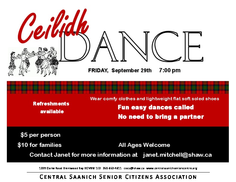 Ceilidh, Scottish Folk Dance: Brentwood Scottish Folk Dancers @ The Centre 1229 Clarke Rd, Brentwood Bay - Sep 29, 2017
