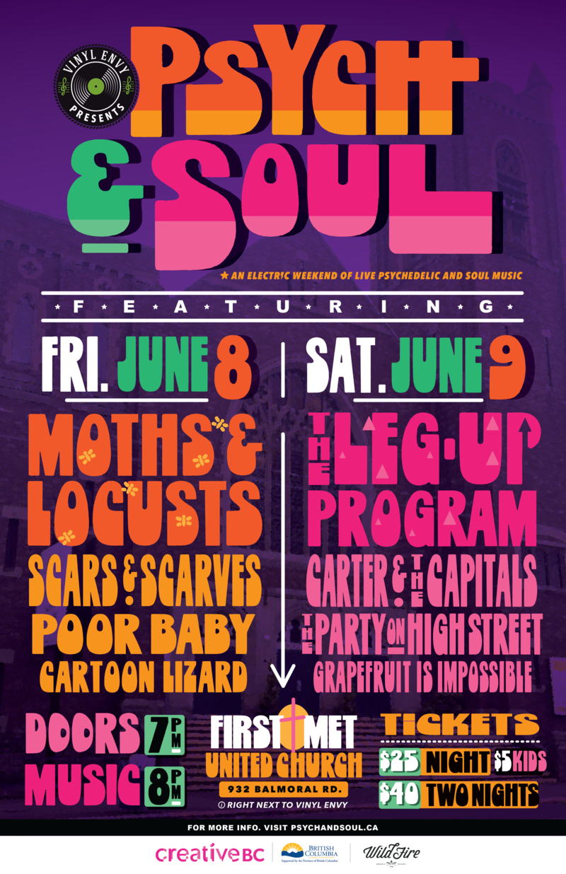 Vinyl Envy presents: Psych & Soul Weekend: Moths and Locusts, Scars and Scarves, Poor Baby , Cartoon Lizard @ United Commons (First Metropolitan United Church) - Jun 08, 2018