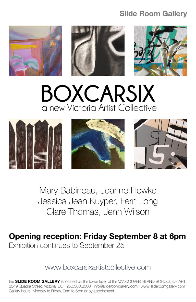 BOXCARSIX: Clare Thomas, Mary Babineau, Jenn Wilson, Joanne Hewko, Jessica Jean Kuyper, Fern Long @ Slide Room Gallery Sep 11 2017 - May 5th @ Slide Room Gallery