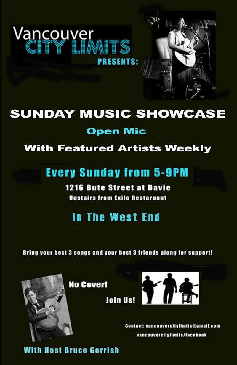 SUNDAY MUSIC SHOWCASE & OPEN MIC: Bruce Gerrish  (Host), Open Mic (with featured artists), Labidos , Angel Edwards @ 1216 Bute Street Nov 9 2014 - May 6th @ 1216 Bute Street