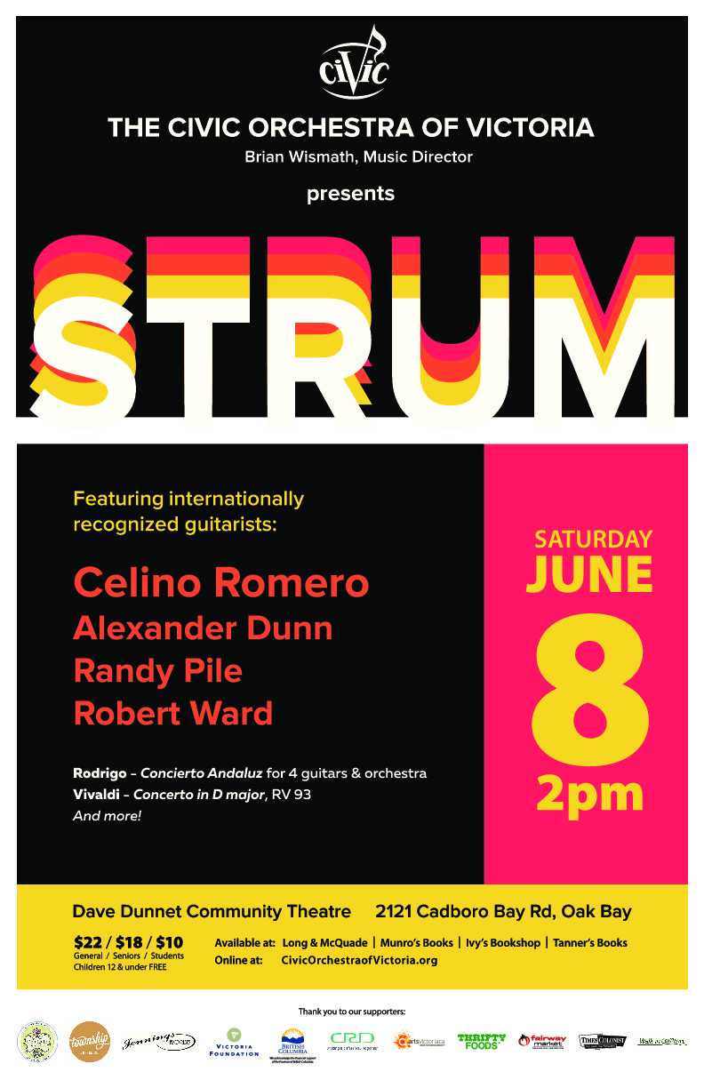 Strum! Classical Guitar and Orchestra: The Civic Orchestra of Victoria, Celino Romero , Alexander Dunn, Randy Pile, Robert Ward @ Dave Dunnet Theatre Jun 8 2019 - May 1st @ Dave Dunnet Theatre