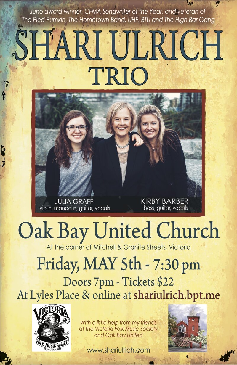 Shari Ulrich Trio in Concert: Shari Ulrich, Julia Graff (violin, mandolin, guitar, vocals), Kirby Barber (bass, guitar, vocals) @ Oak Bay United Church May 5 2017 - May 5th @ Oak Bay United Church